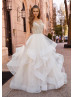 Beaded Triple Straps Ivory Tulle Ruffled Stunning Wedding Dress